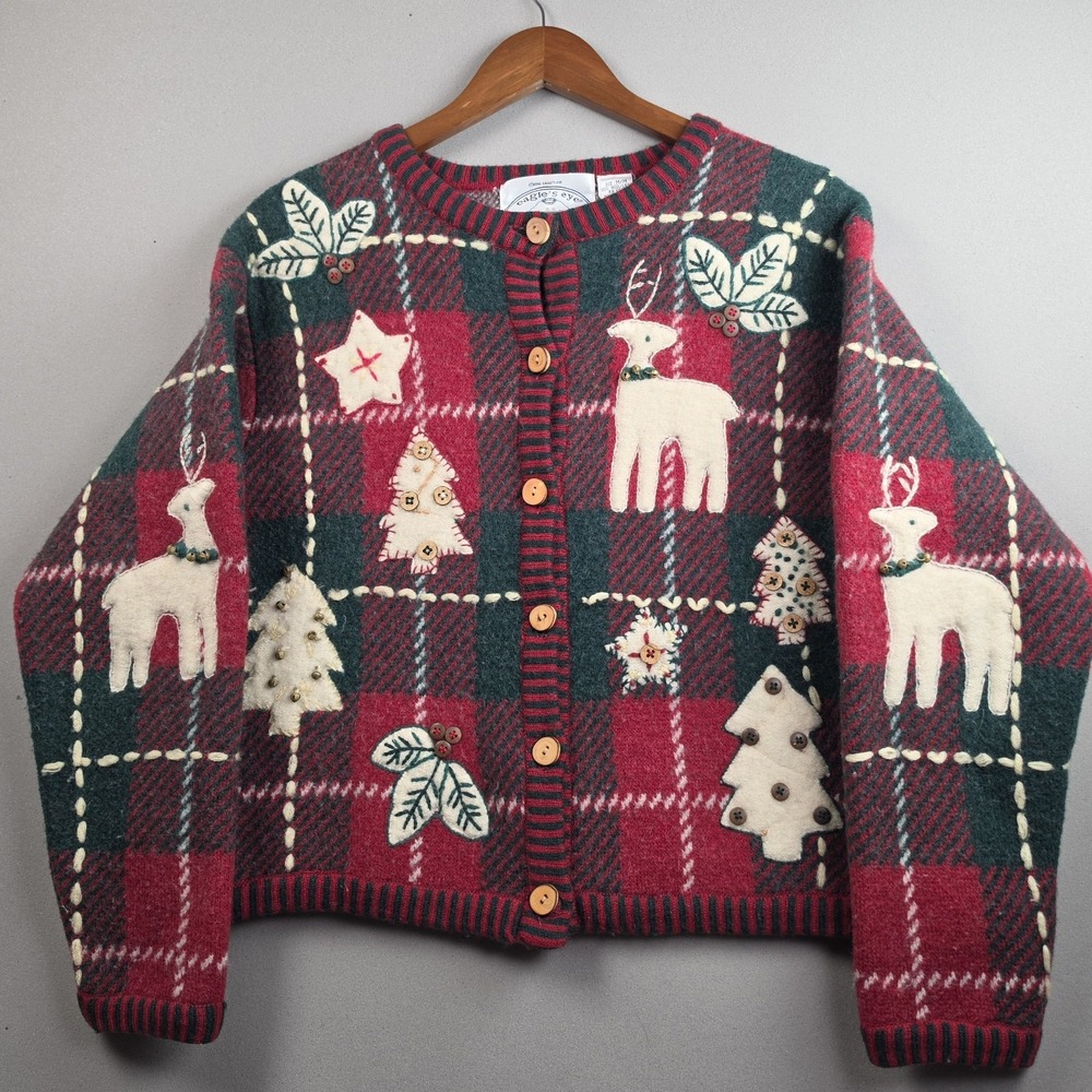 Vintage 1996 Eagles Eye Plaid Wool Christmas Reindeer Cardigan Sweater Women's M